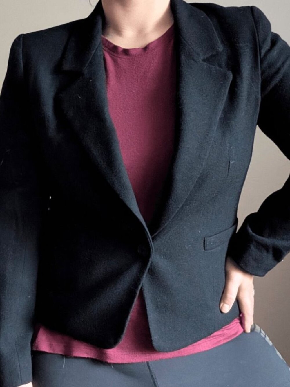 80s Vintage Lloyd Williams Black 100% Wool Single Button V Neck Office Blazer